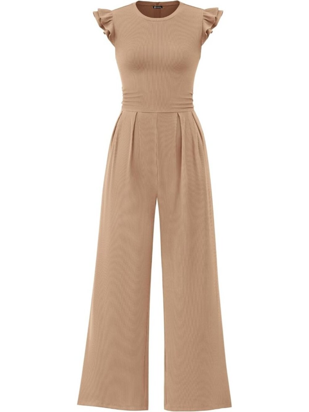 Women's Khaki Crewneck Jumpsuits Cap Sleeve Ruffle Ribbed Wide Leg Casual Romper